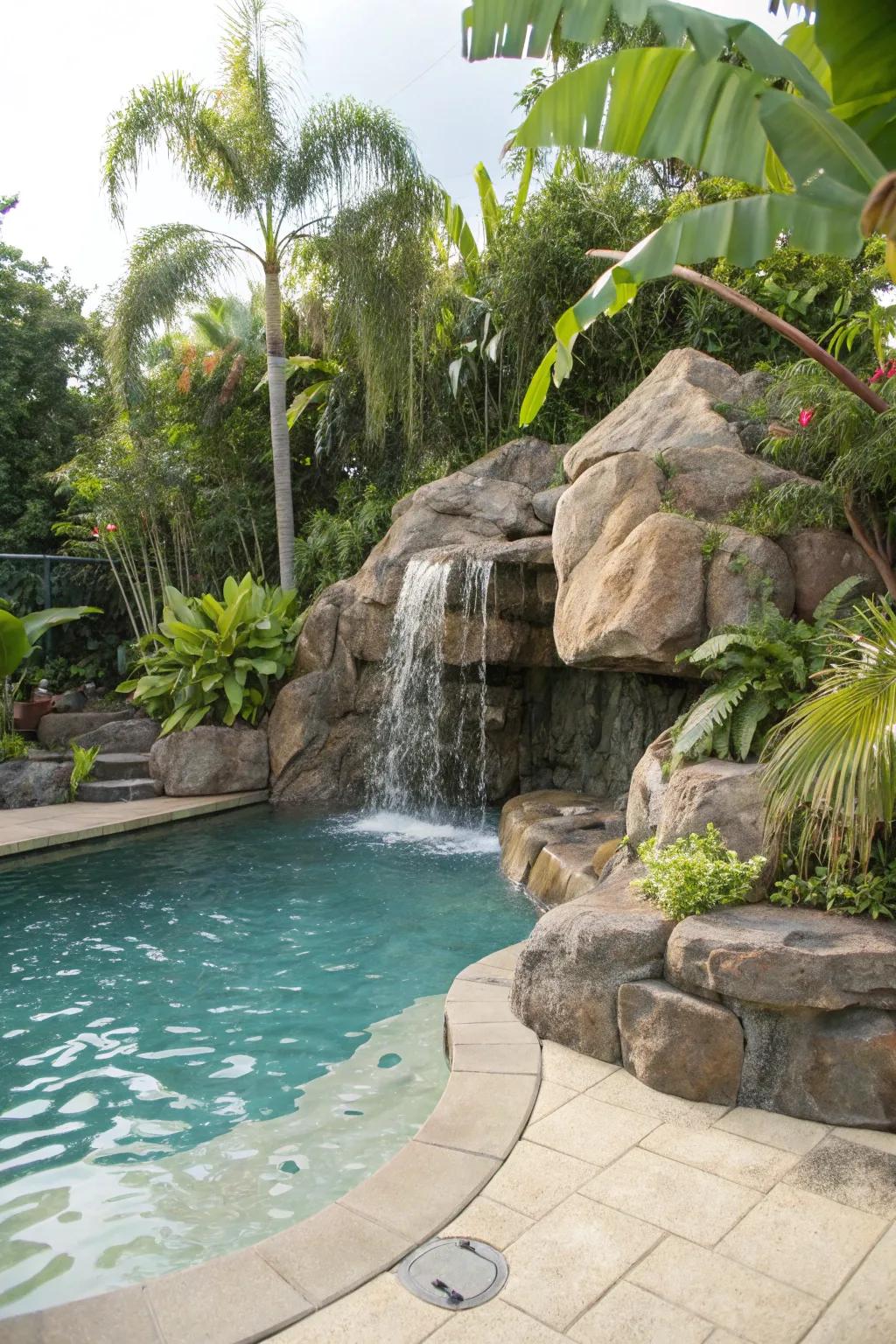 A rocky waterfall transforms this pool into a tropical haven.
