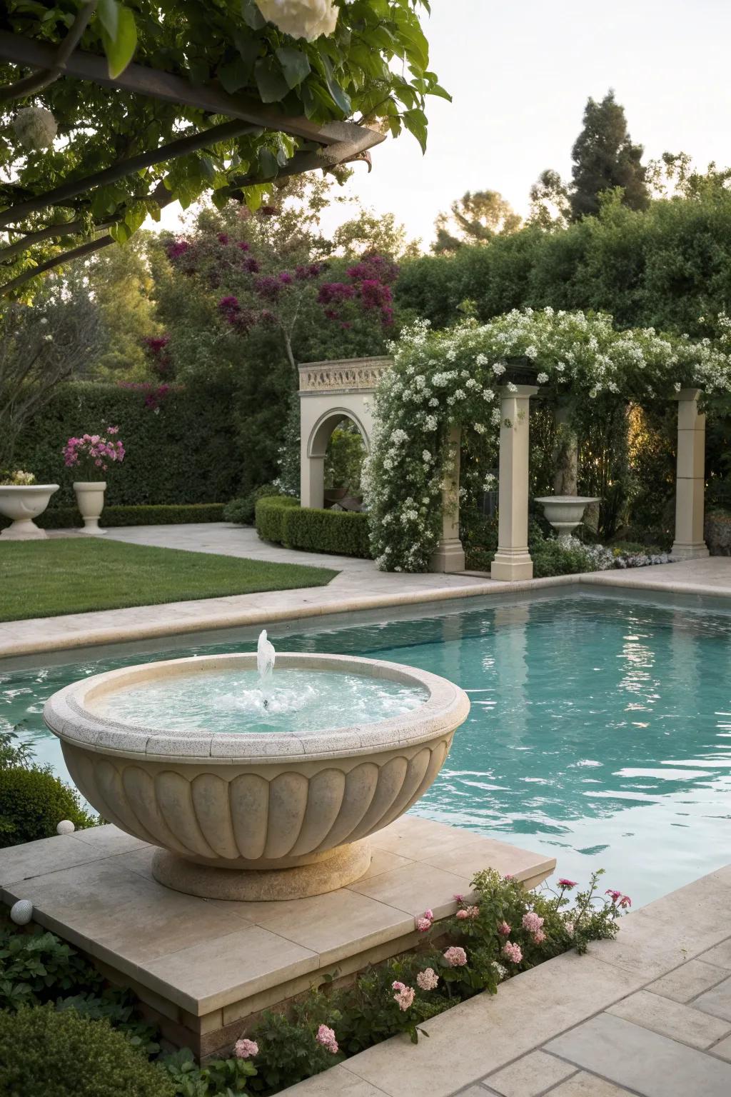 A sculptural spa elevates the pool's aesthetic and relaxation factor.