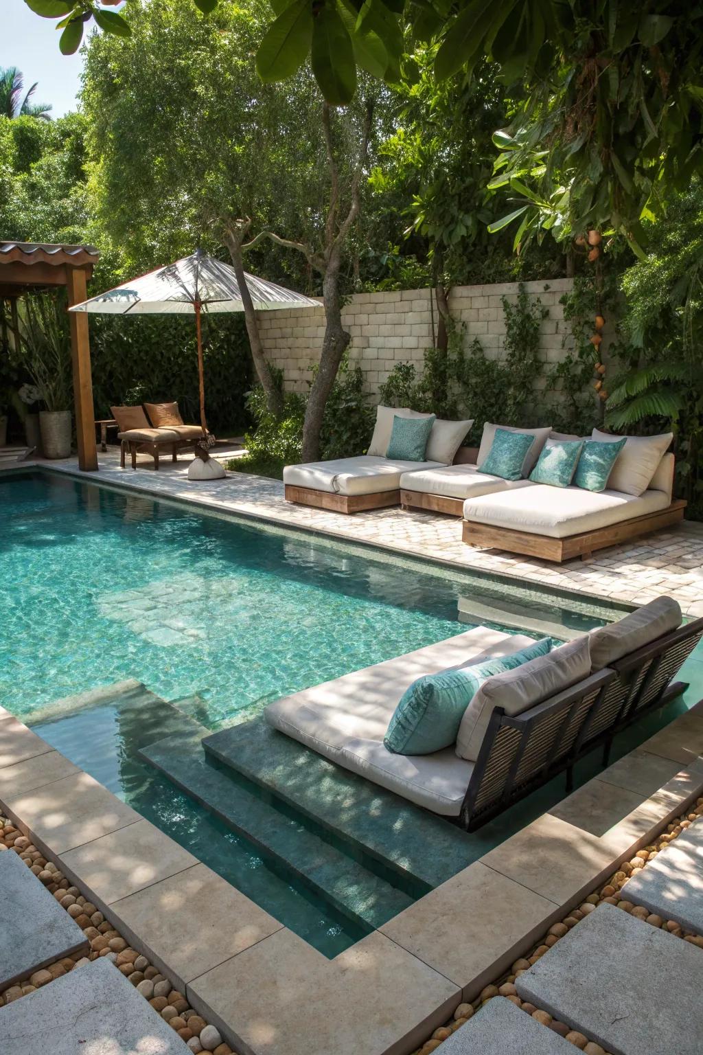 A sunken lounge offers a unique place to unwind in the pool.