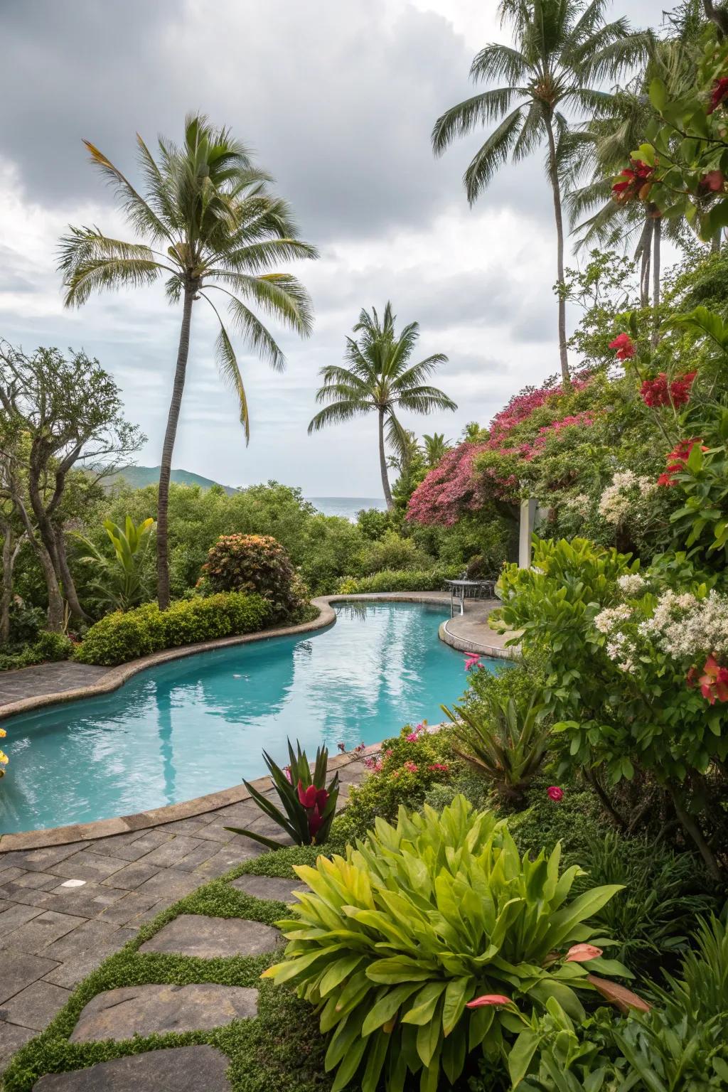 Lush greenery transforms this pool into a tropical oasis.