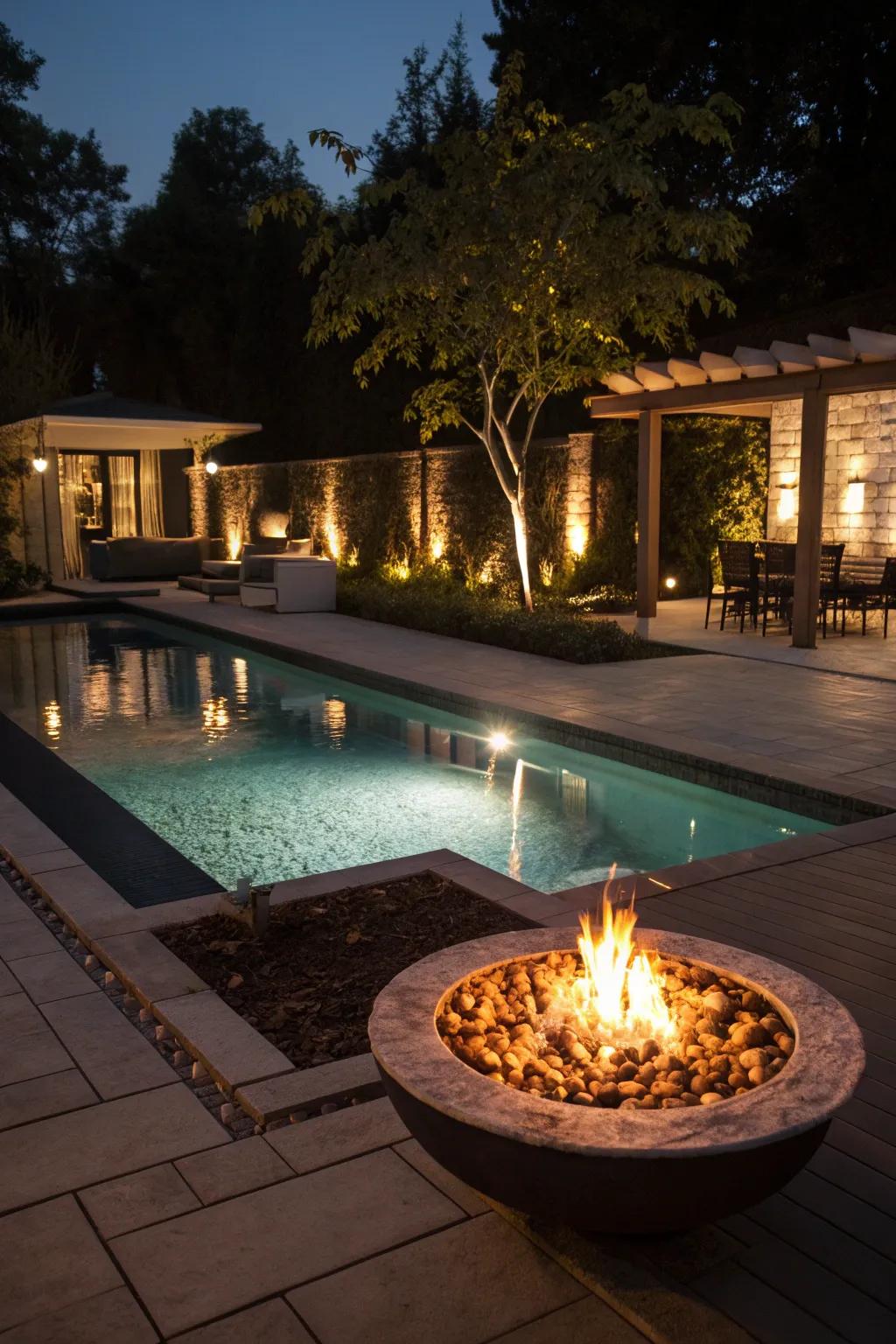 A poolside fire pit creates a warm and inviting atmosphere.