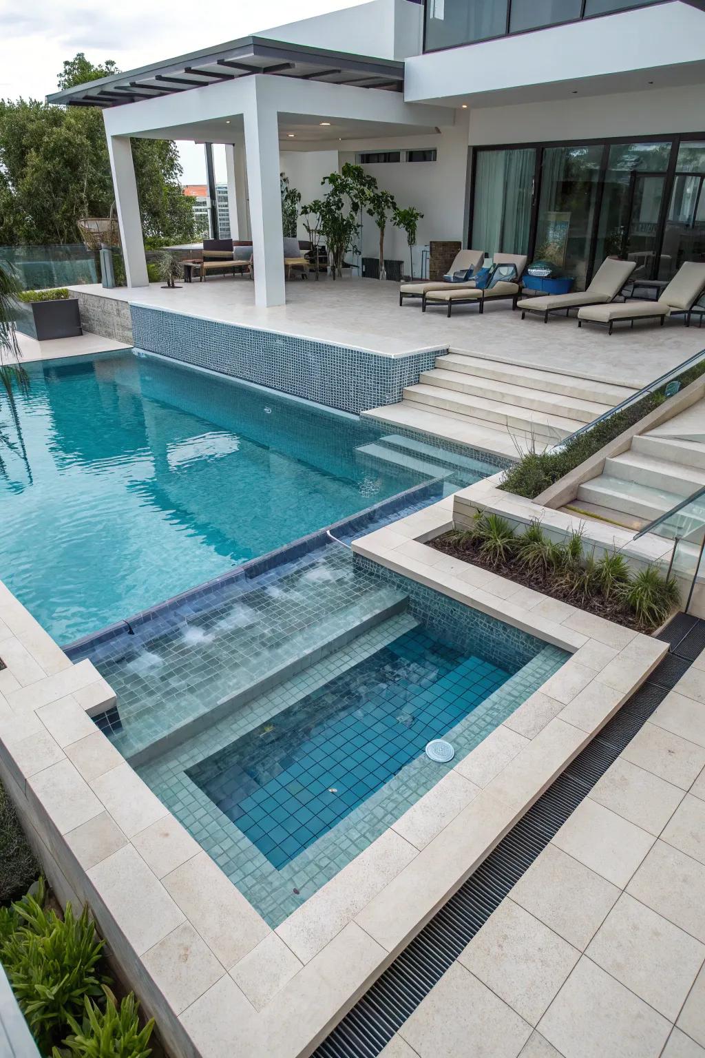 A multi-level pool offers diverse areas for swimming and relaxation.