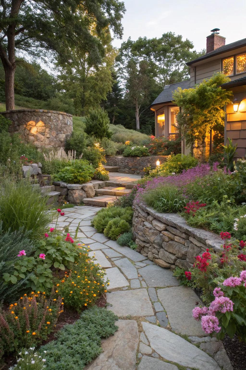 Mix of plants and stone hardscape adds privacy and texture