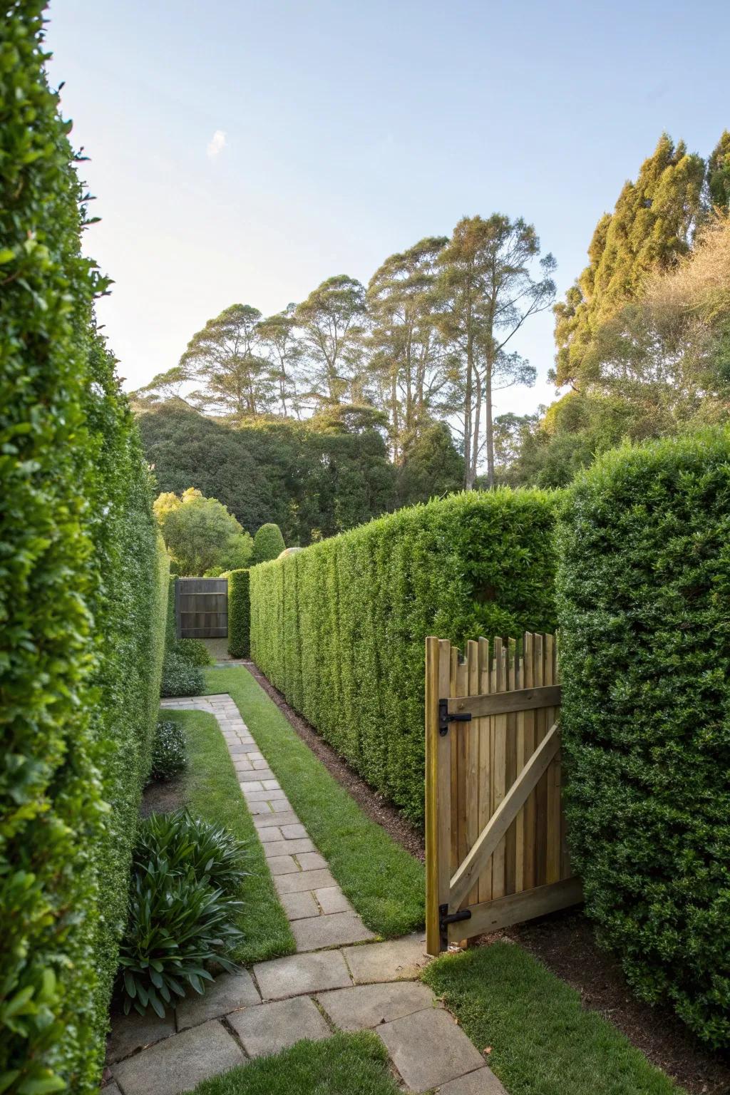Tall hedges form a lush green wall for privacy