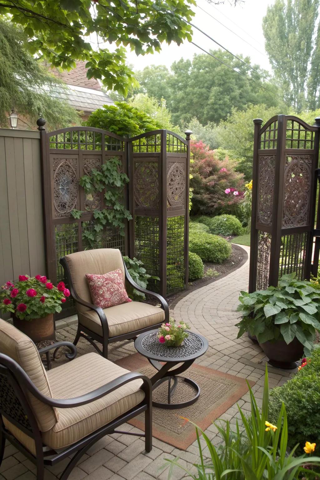 Screened seating area offers a private outdoor retreat