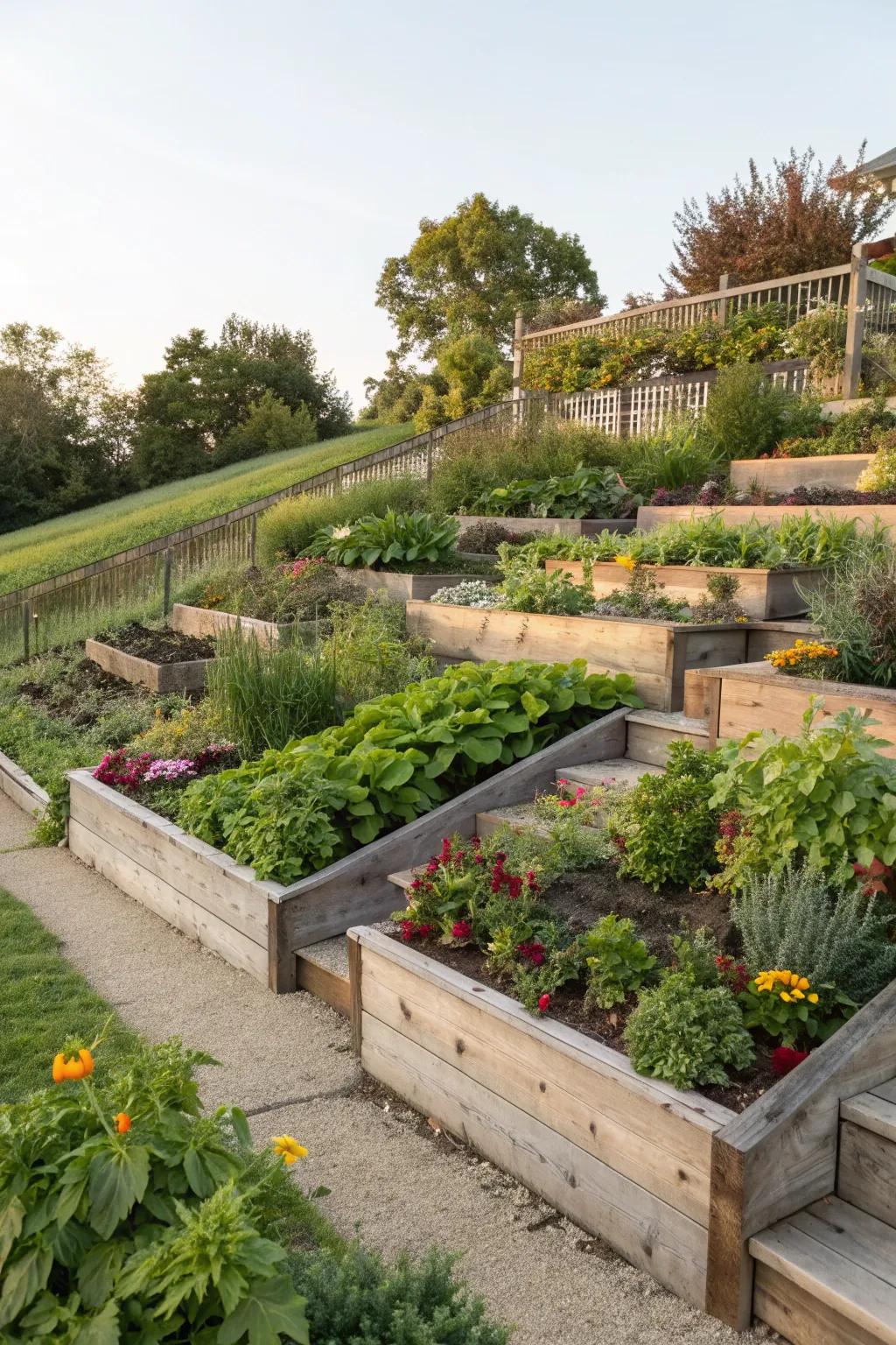 Raised beds with tiered plants provide layered privacy
