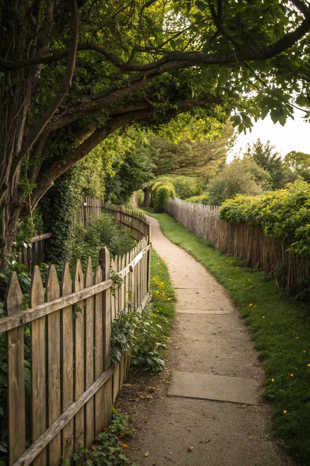 Pathway with wooden fencing creates privacy and charm
