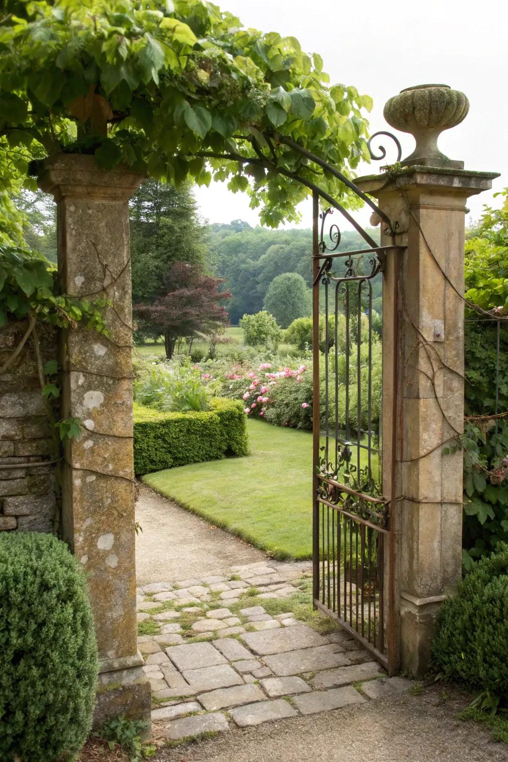 Aged metal gates add history and elegance to your garden entrance.