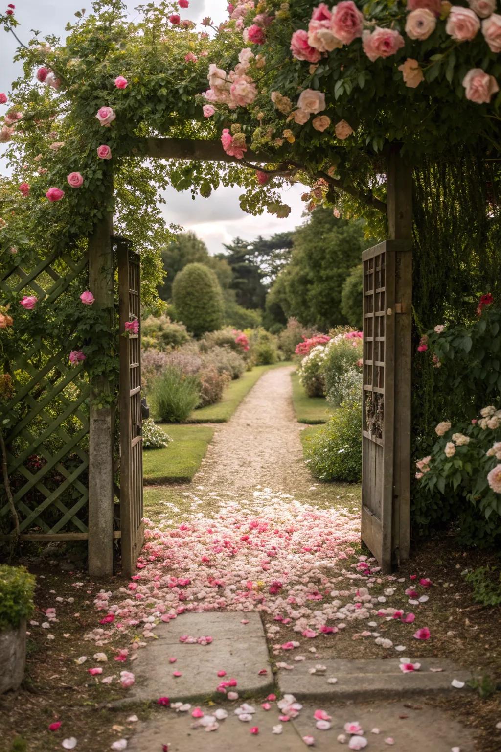 Climbing roses add romance and fragrance to your garden entrance.