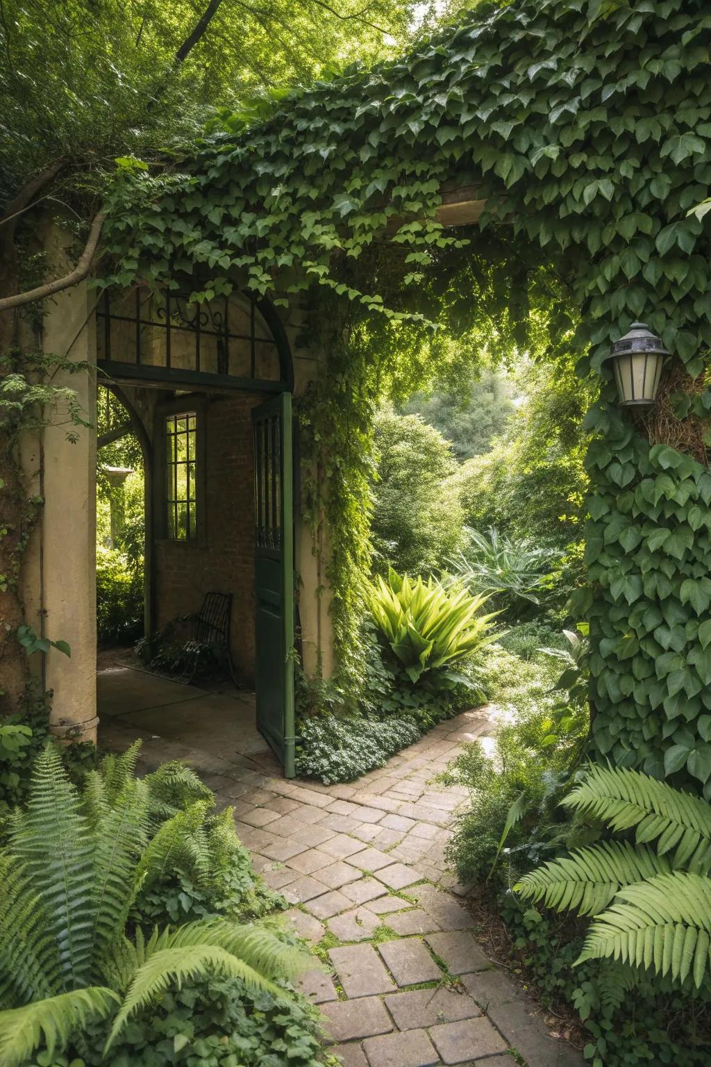 Lush greenery and ivy create a natural curtain around your garden entrance.