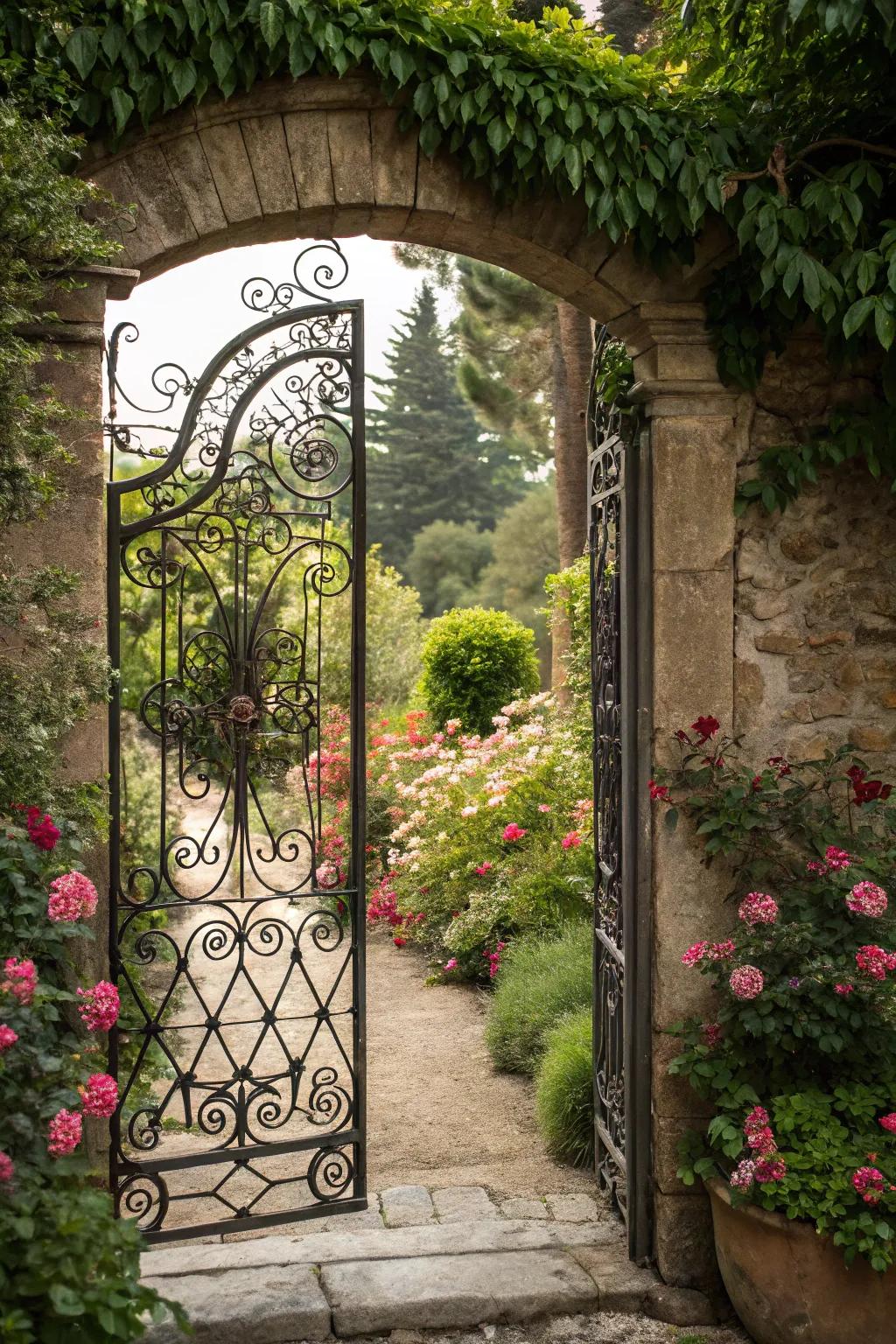 Ornamental ironwork adds artistic flair to your garden's entrance.