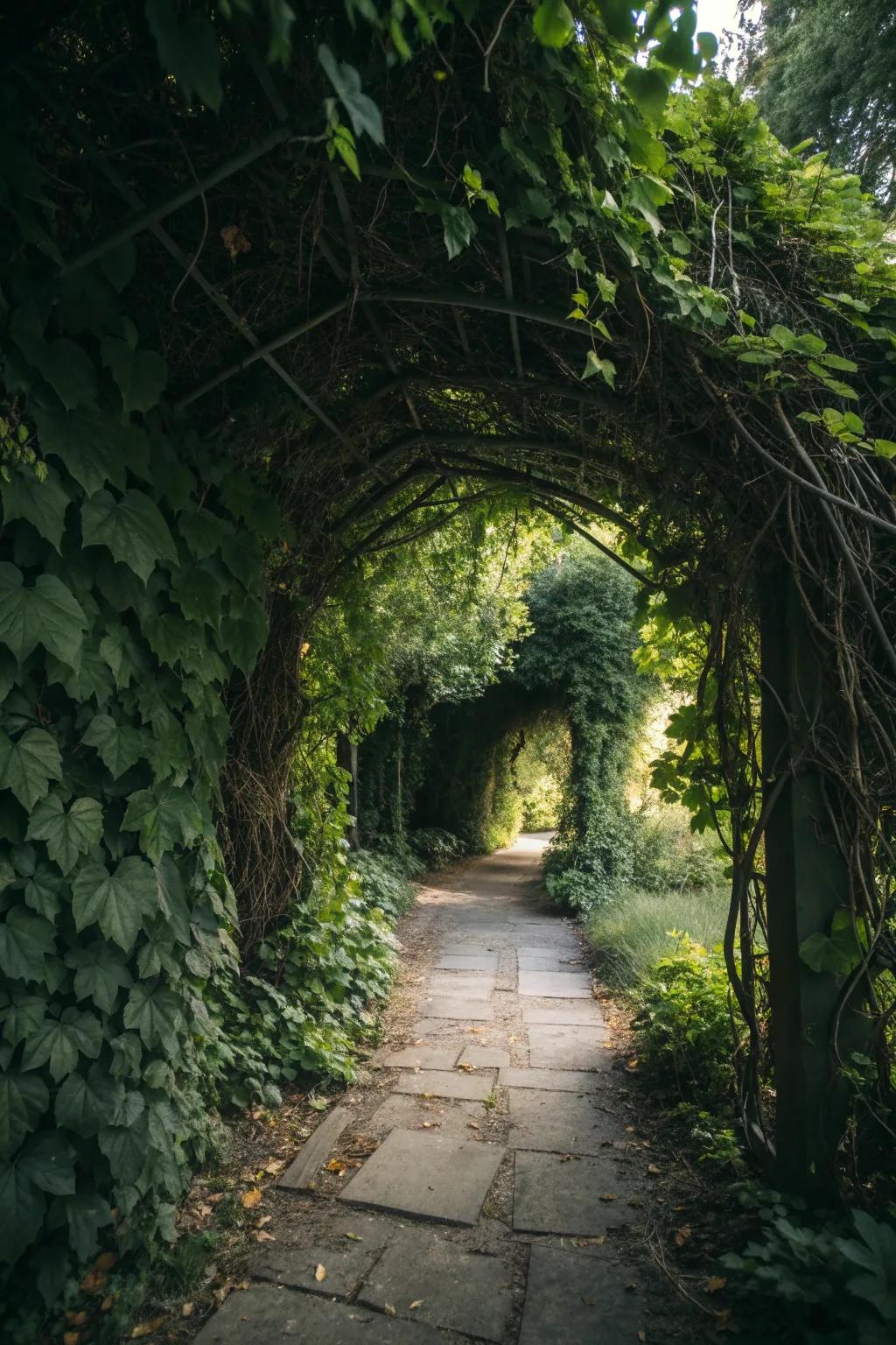 Vines cloak your entrance, adding to the garden's secretive allure.