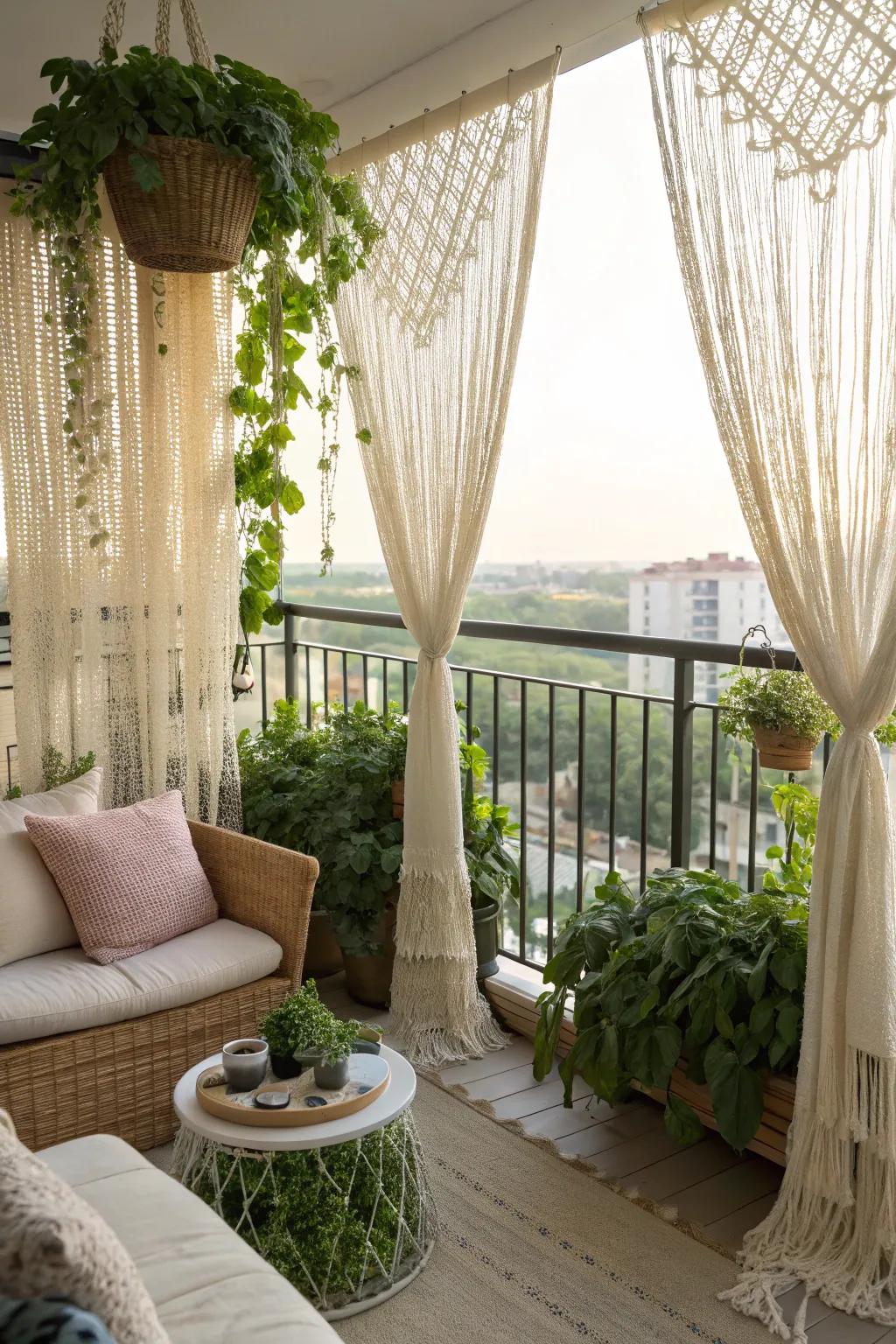 Macrame curtains bring an artistic, bohemian flair to your balcony.