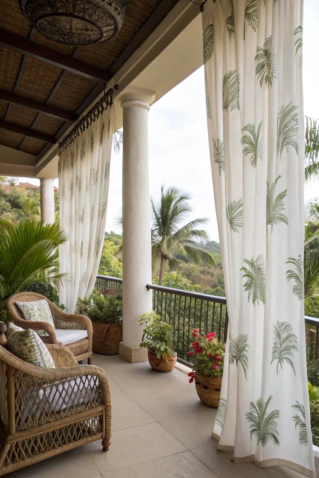 Palm-printed curtains transform your balcony into a tropical retreat.