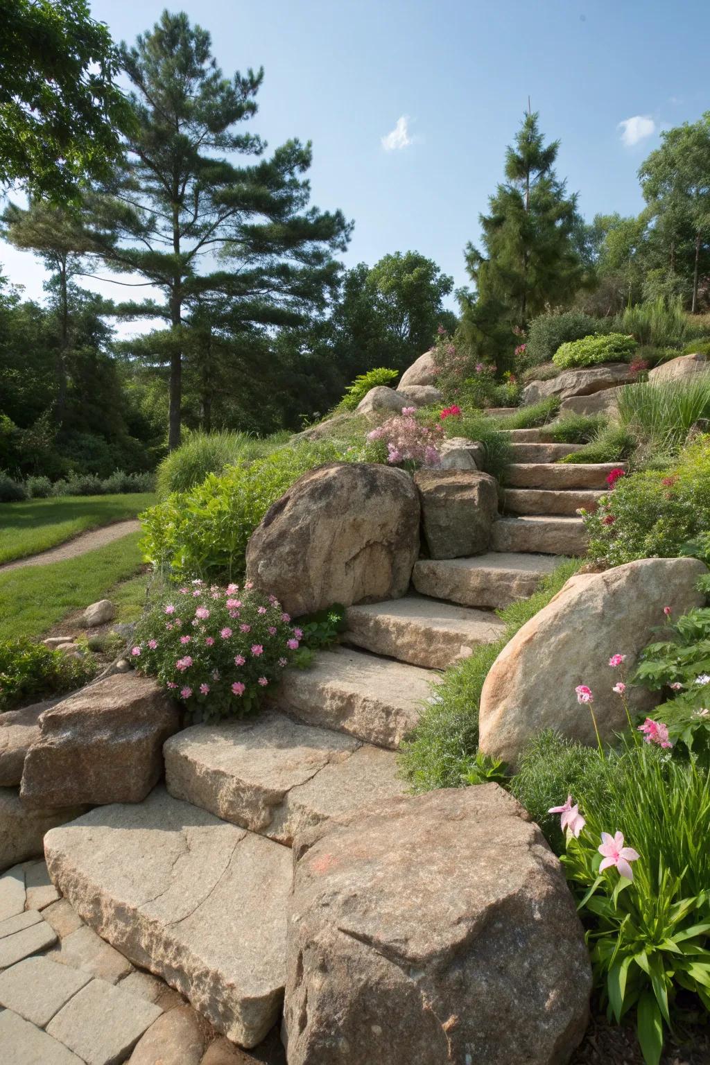 Boulders add a dramatic flair to garden steps.