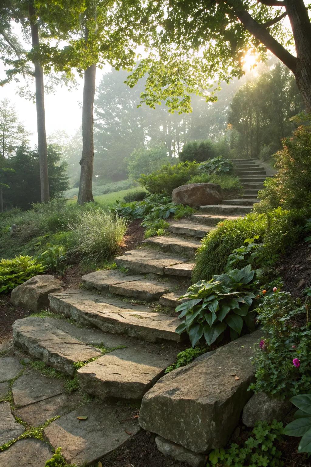 Natural stone steps create a rustic charm in any garden setting.