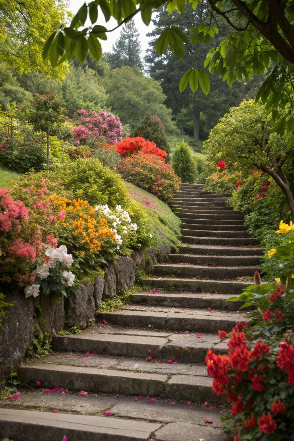 Integrate steps with plants for a seamless garden connection.