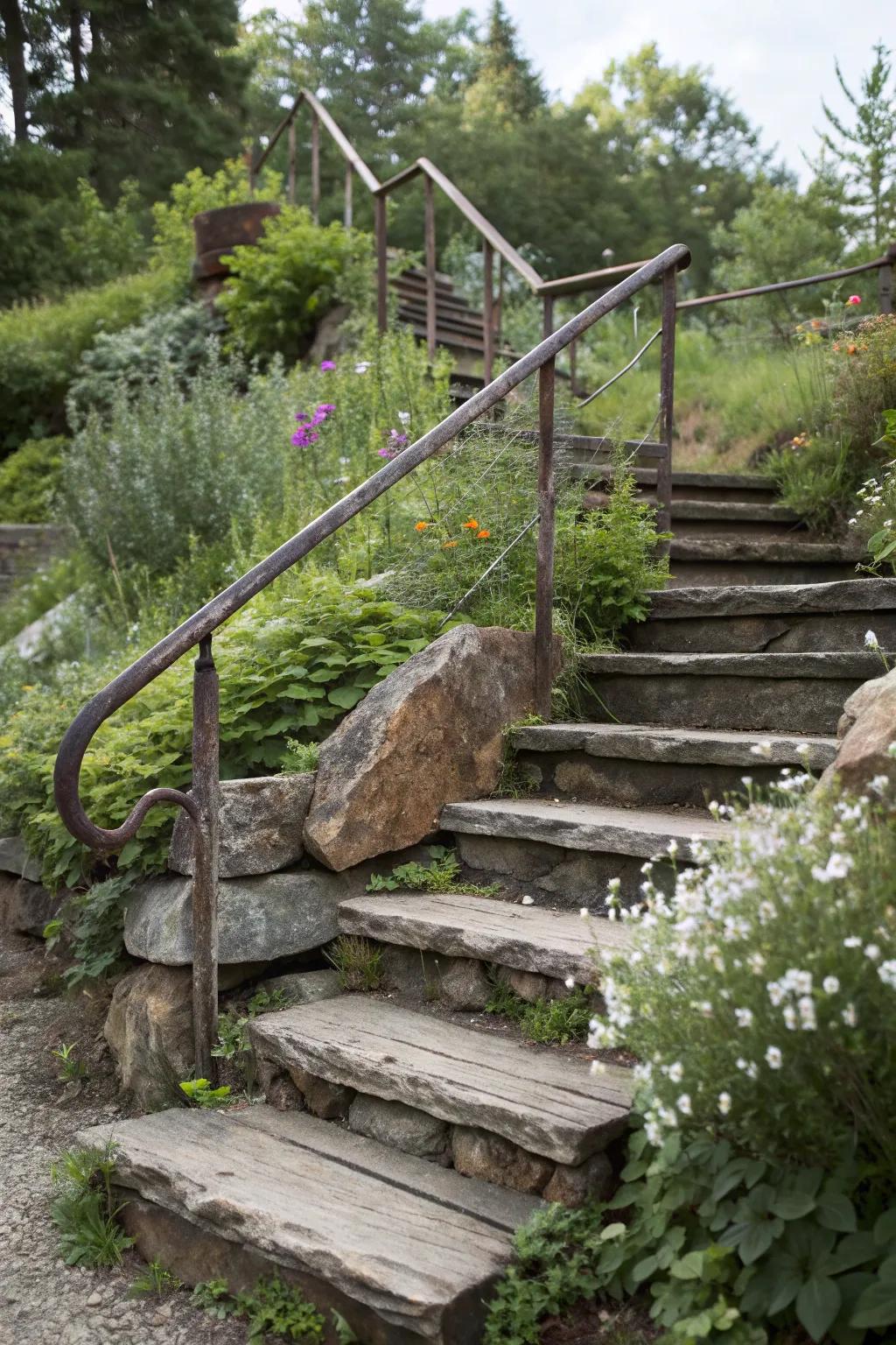 Metal frames bring an industrial edge to garden steps.