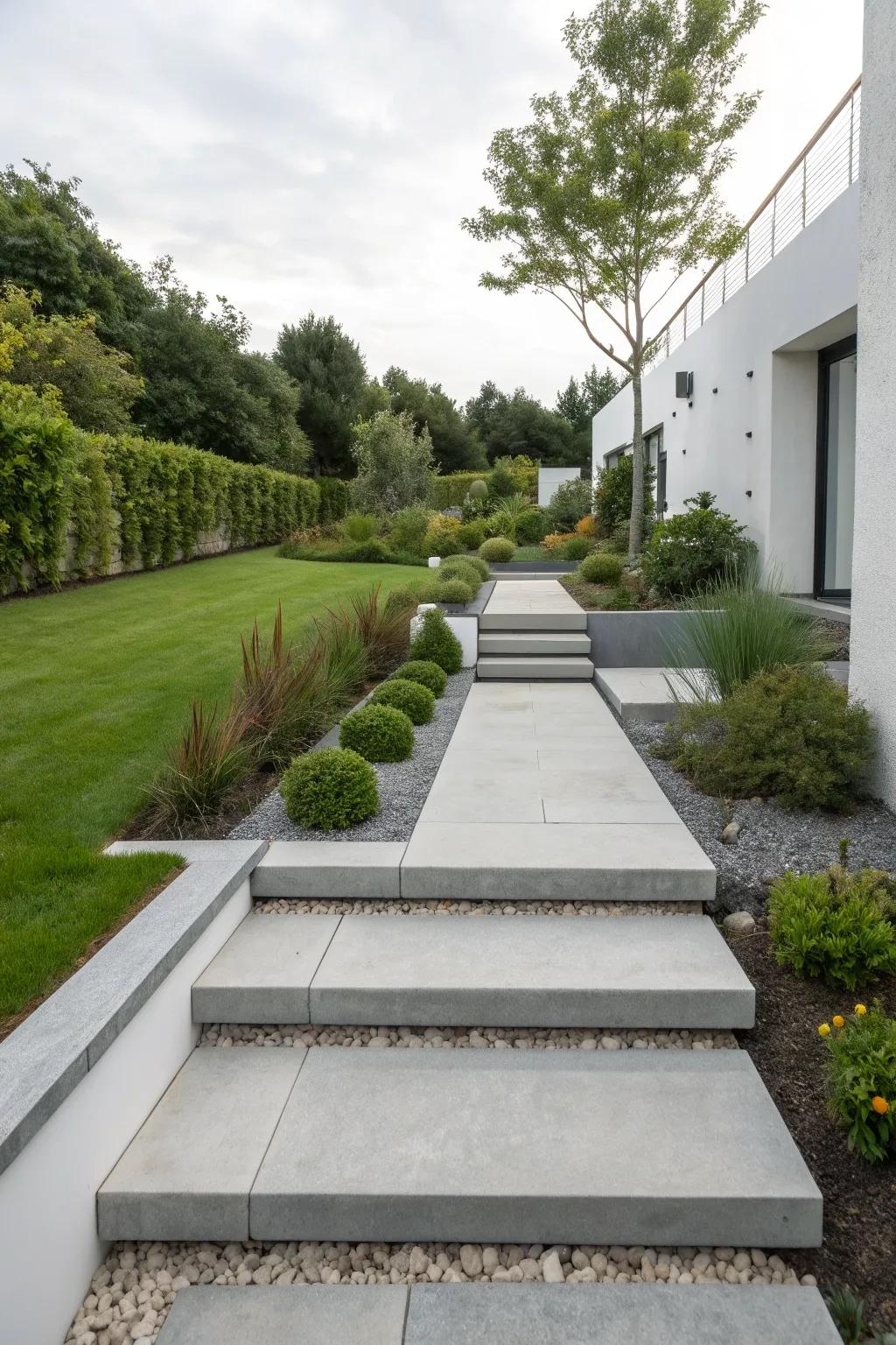 Sleek concrete steps fit perfectly in modern garden designs.