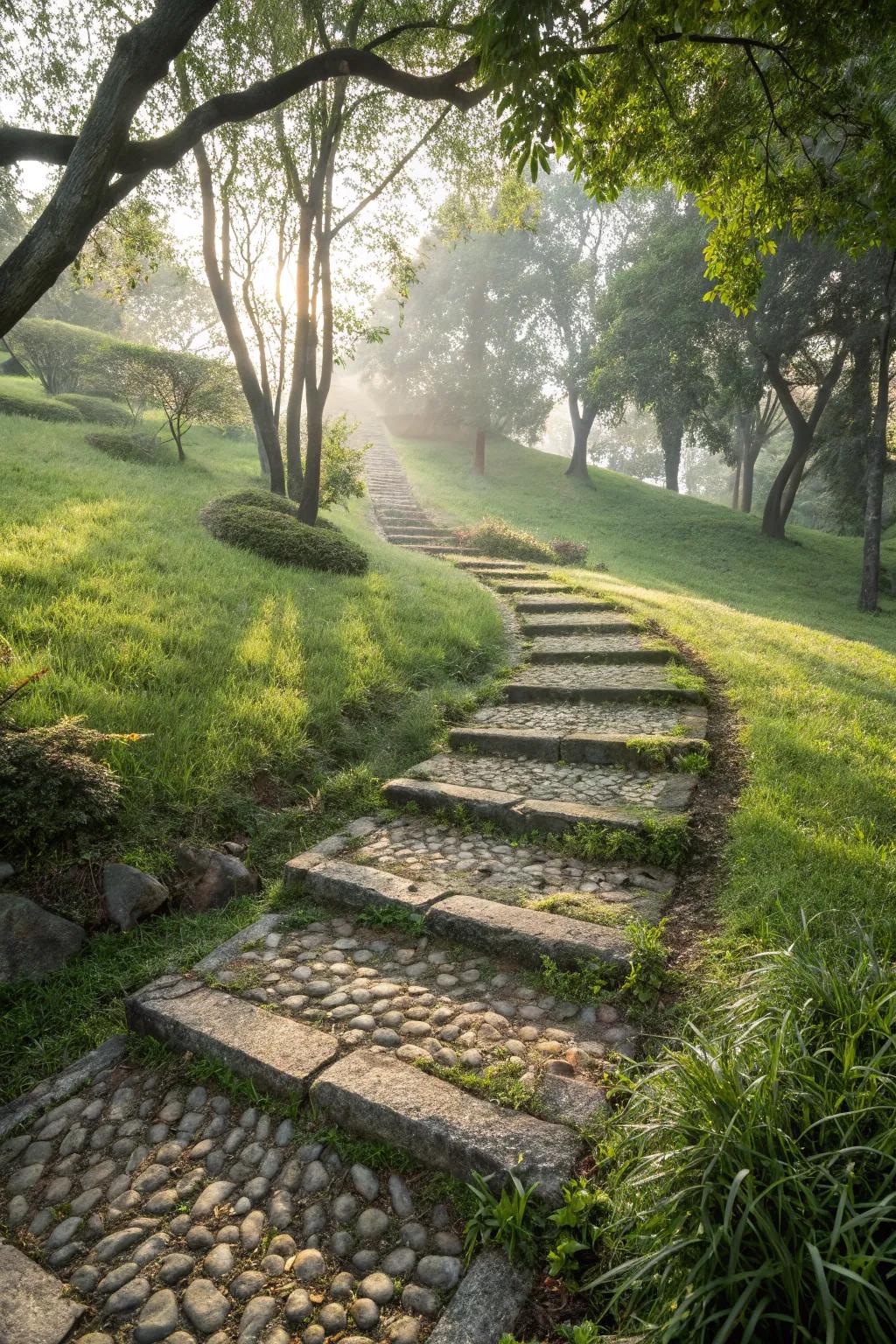 Pebble steps with grass borders offer a soft, natural pathway.