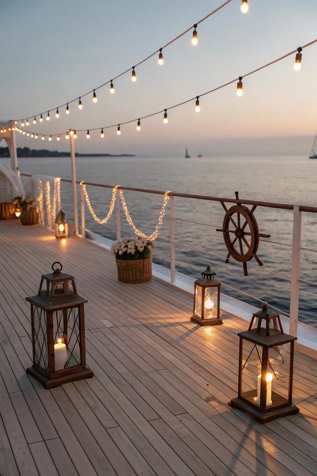 Nautical lighting adds a warm glow to your deck.