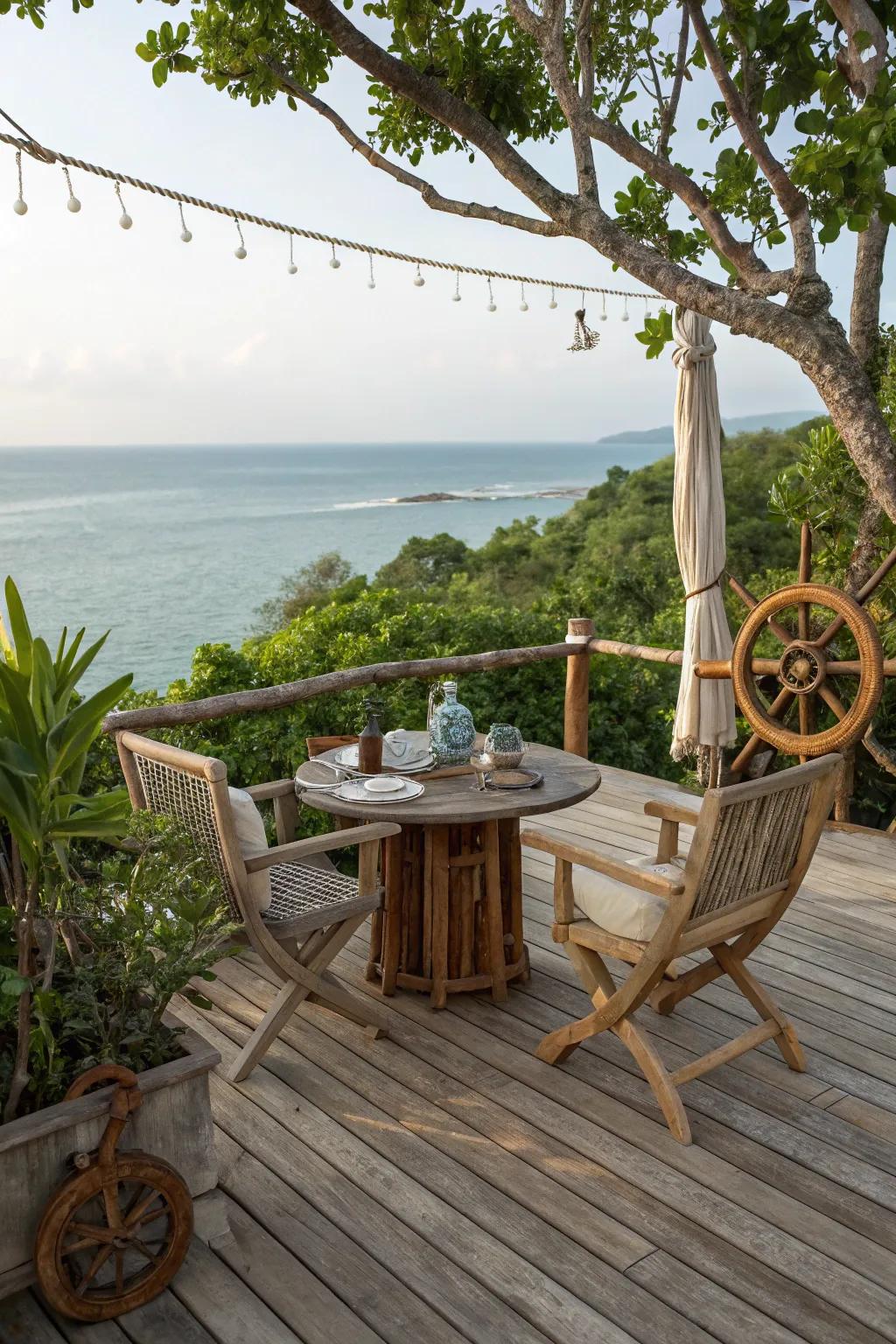 Natural wood elements create a rustic and inviting nautical atmosphere.