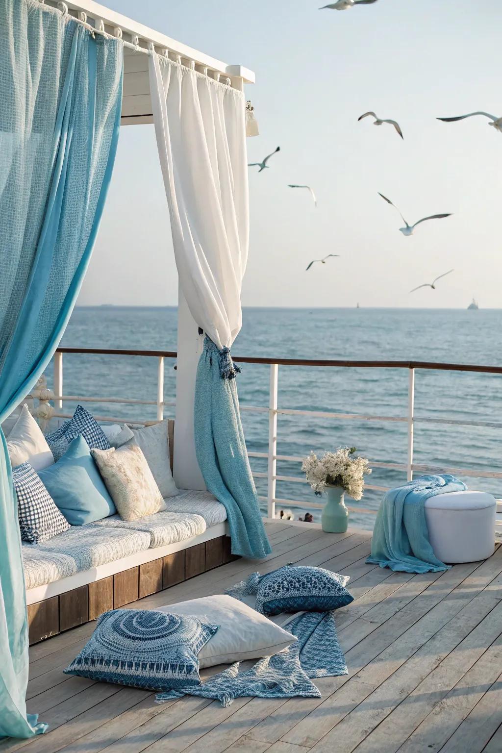 Soft fabrics and colors create a serene atmosphere on your deck.