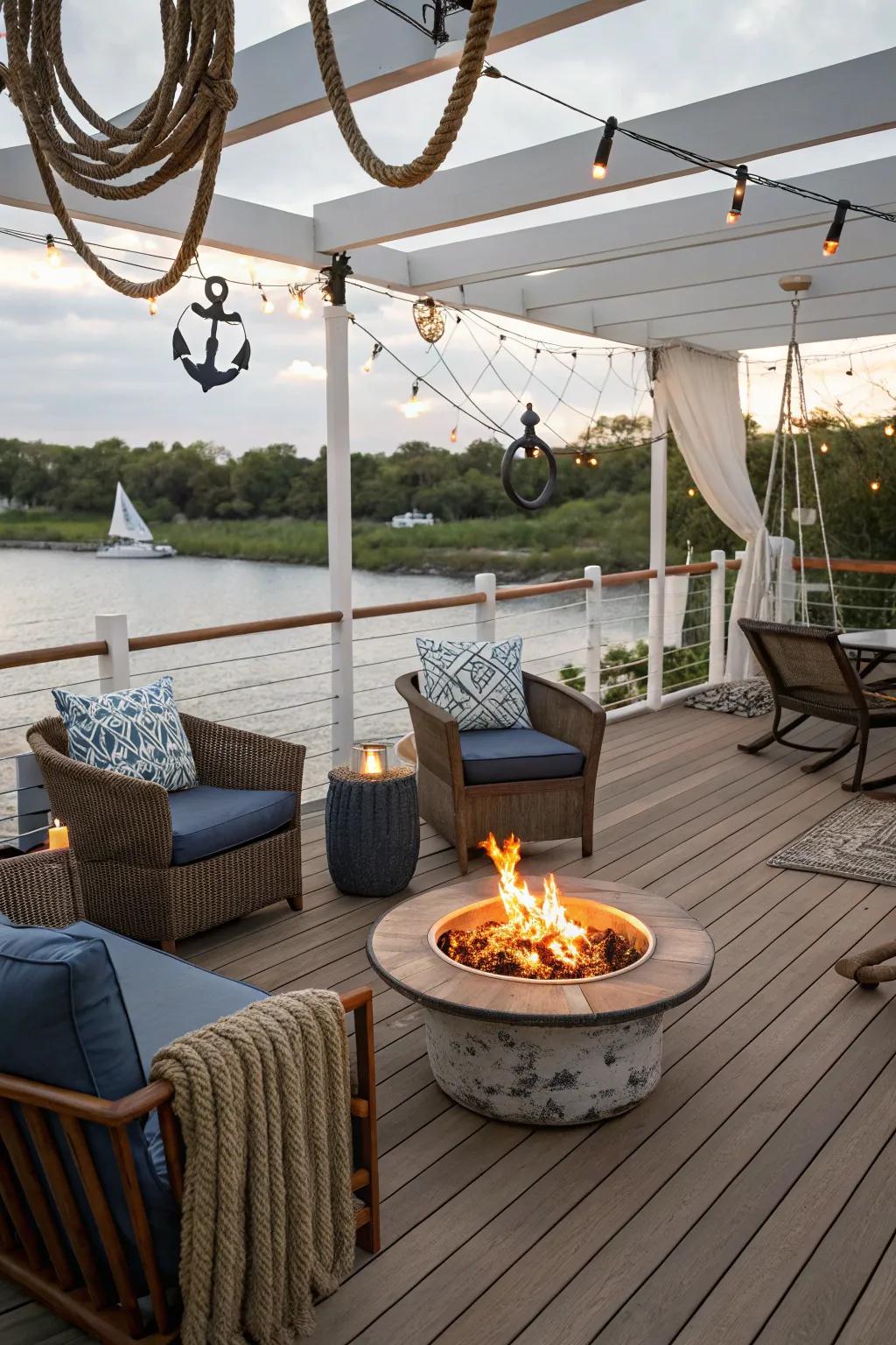 A fire pit provides warmth and a gathering spot on your nautical deck.