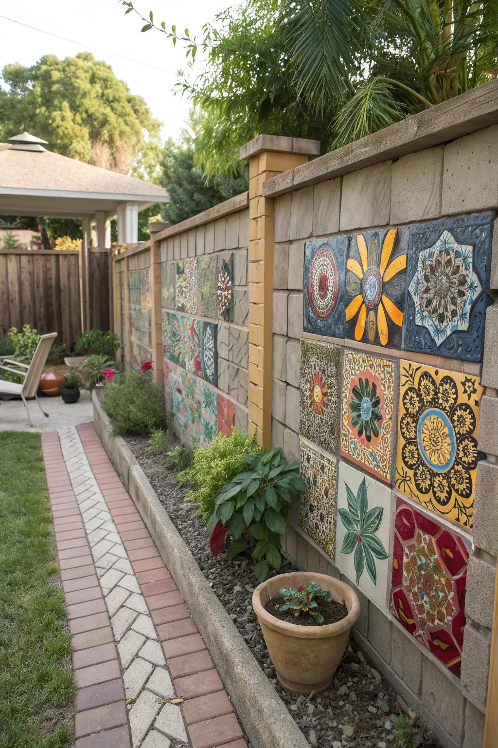 Mosaic magic with colorful tiles on a painted cinder block wall.