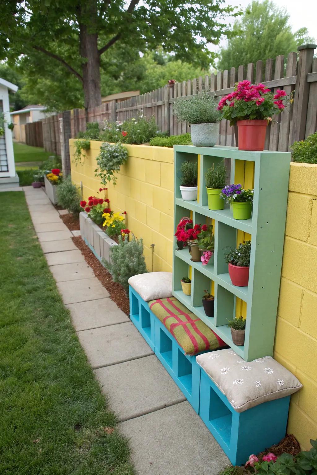 Functional art with a painted cinder block wall featuring shelves and seating.
