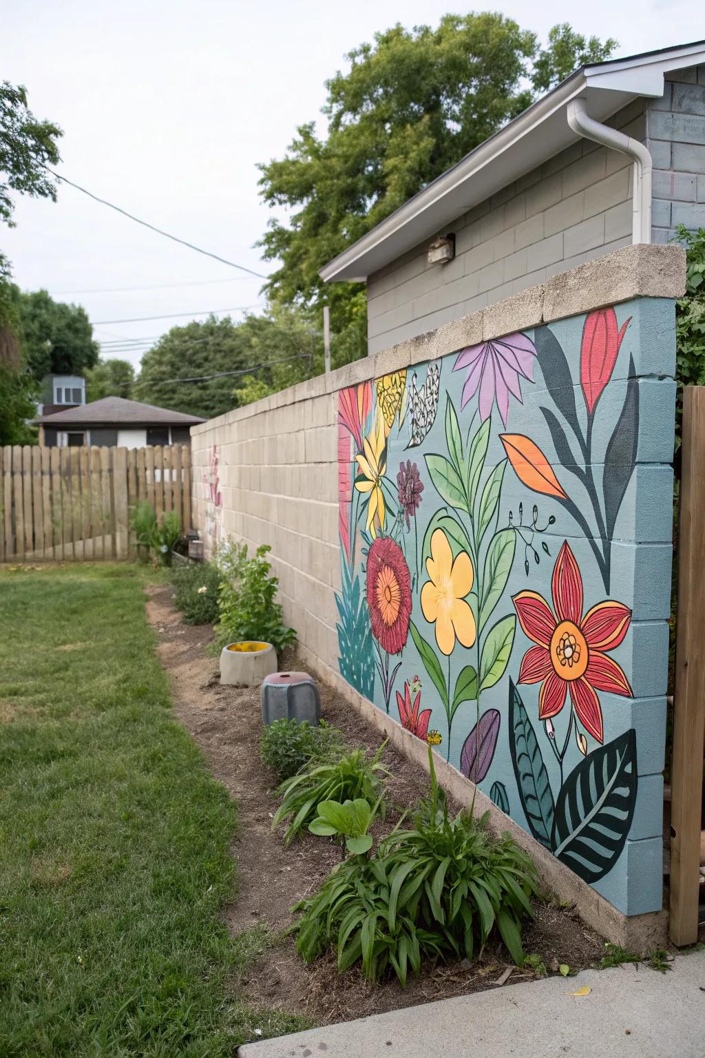 An artistic mural graces a backyard cinder block wall.