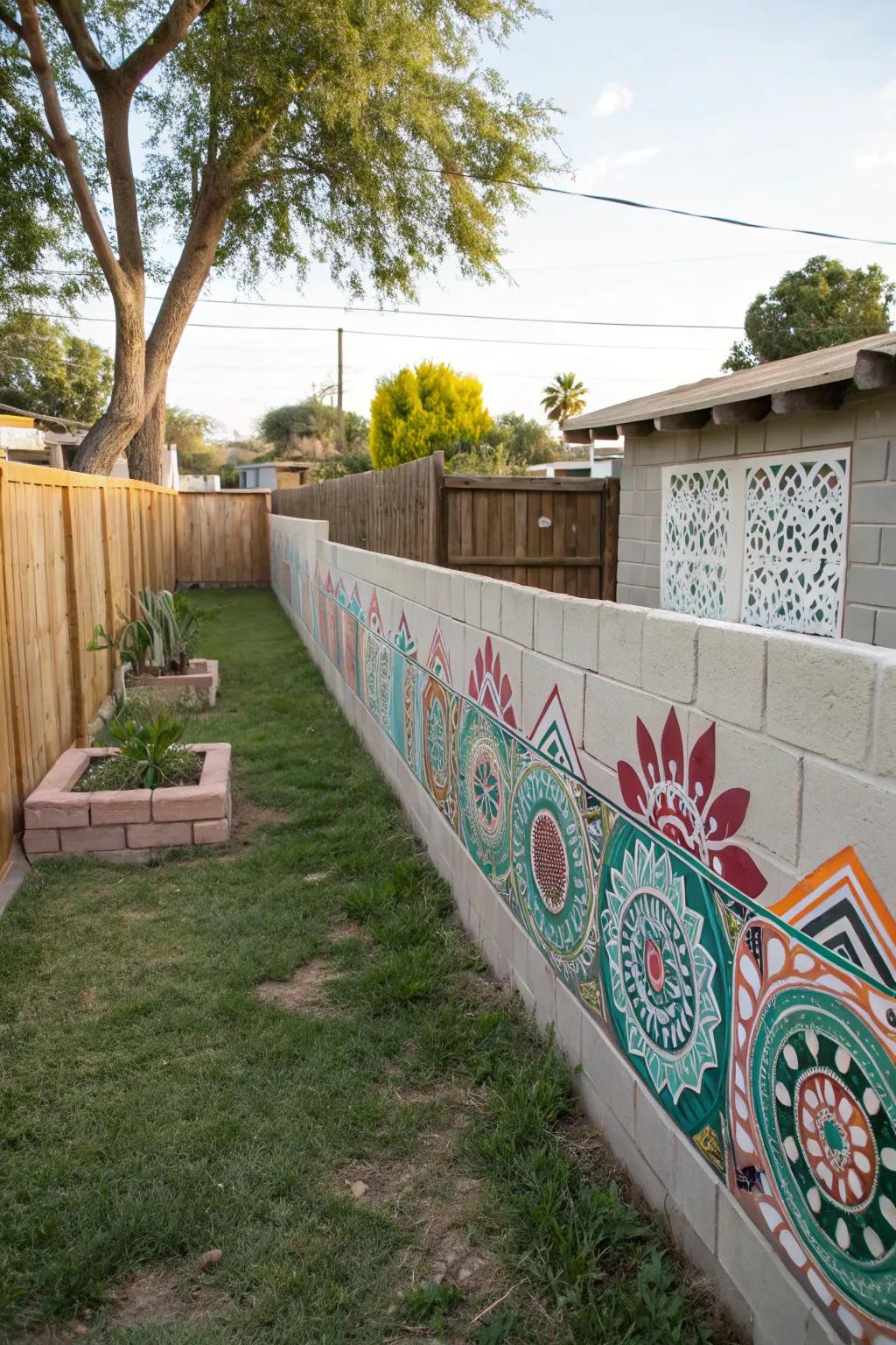 Cultural inspiration with globally influenced patterns on a cinder block wall.