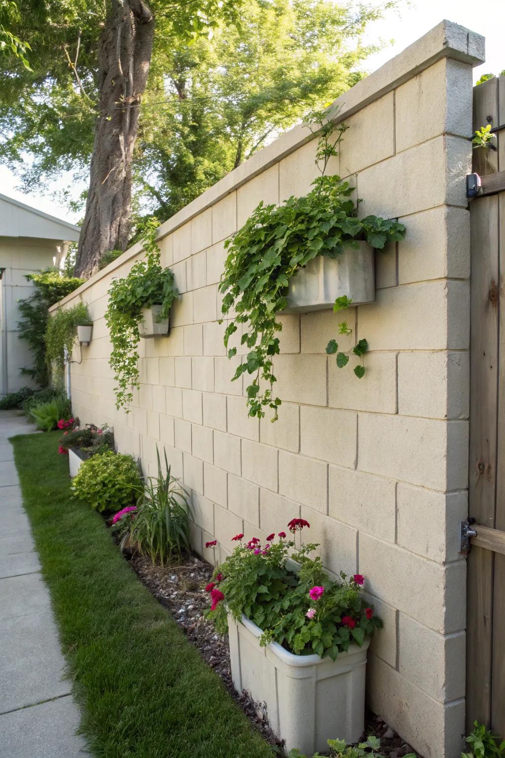 A vertical garden wall with painted cinder blocks and vibrant greenery.