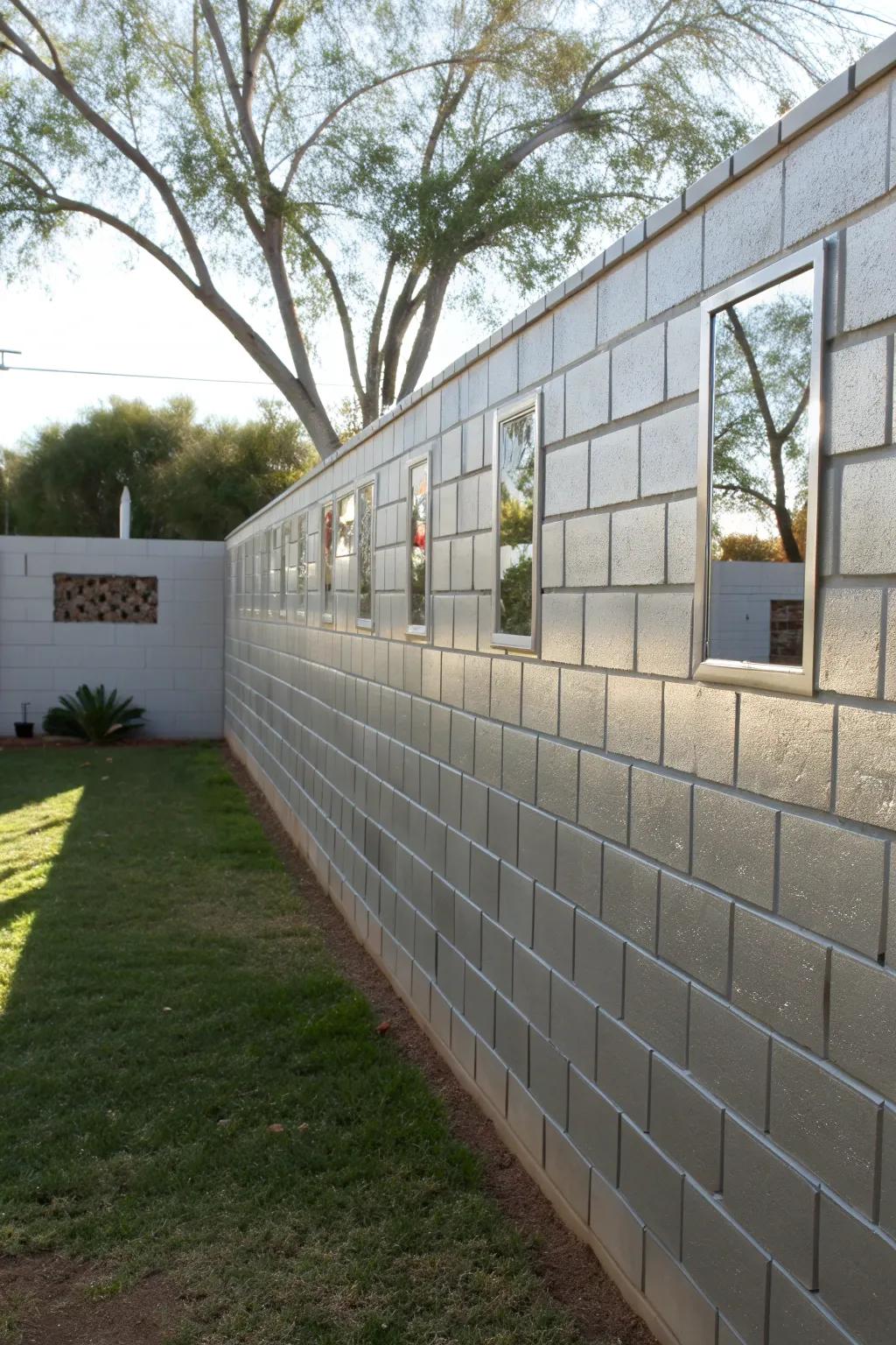 Reflective surfaces add glamour to a painted cinder block wall.