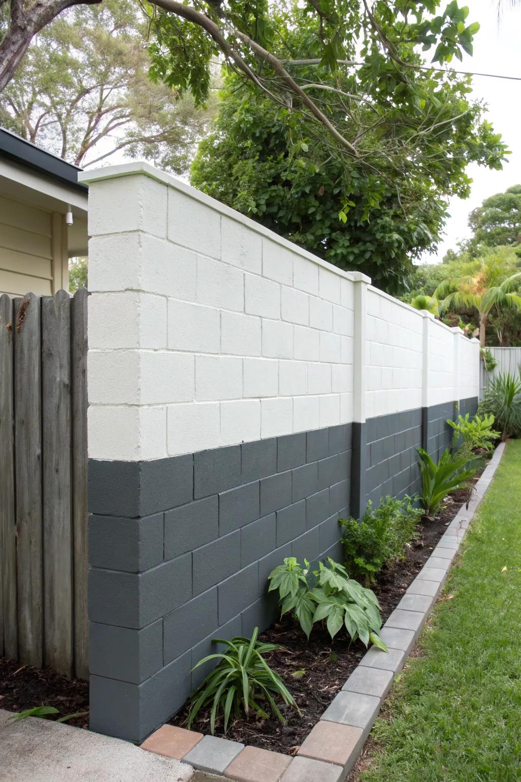 Modern minimalist chic with a monochrome painted cinder block wall.