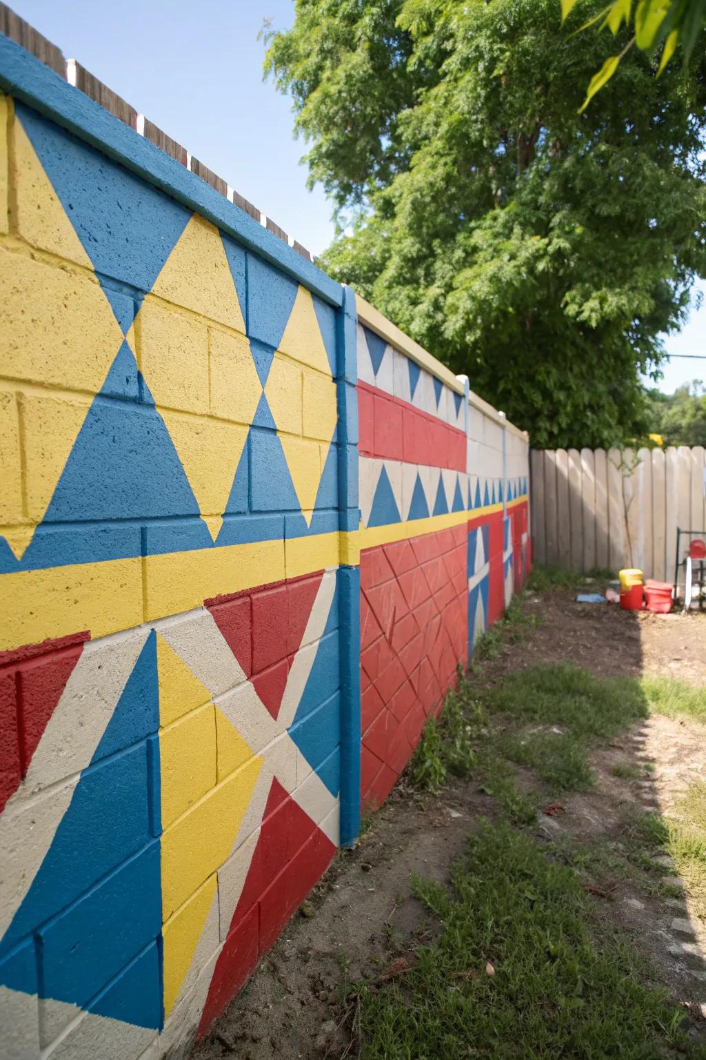 Geometric patterns bring playfulness to a painted cinder block wall.