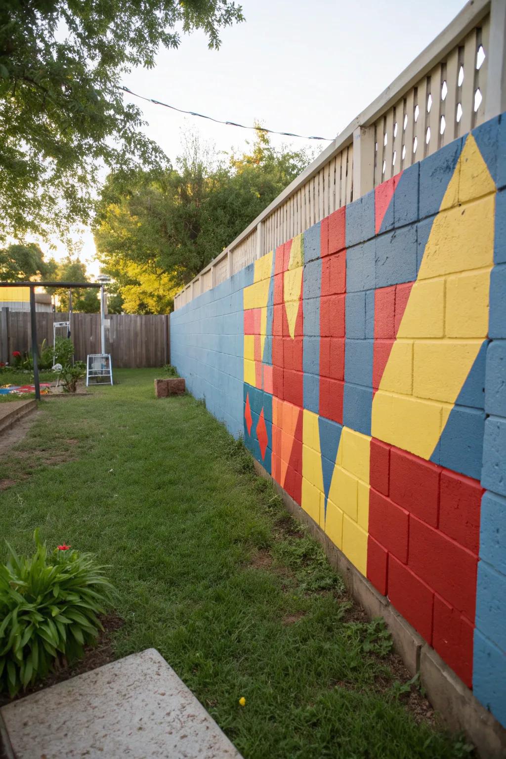 Bold color blocks make a statement on a backyard cinder block wall.