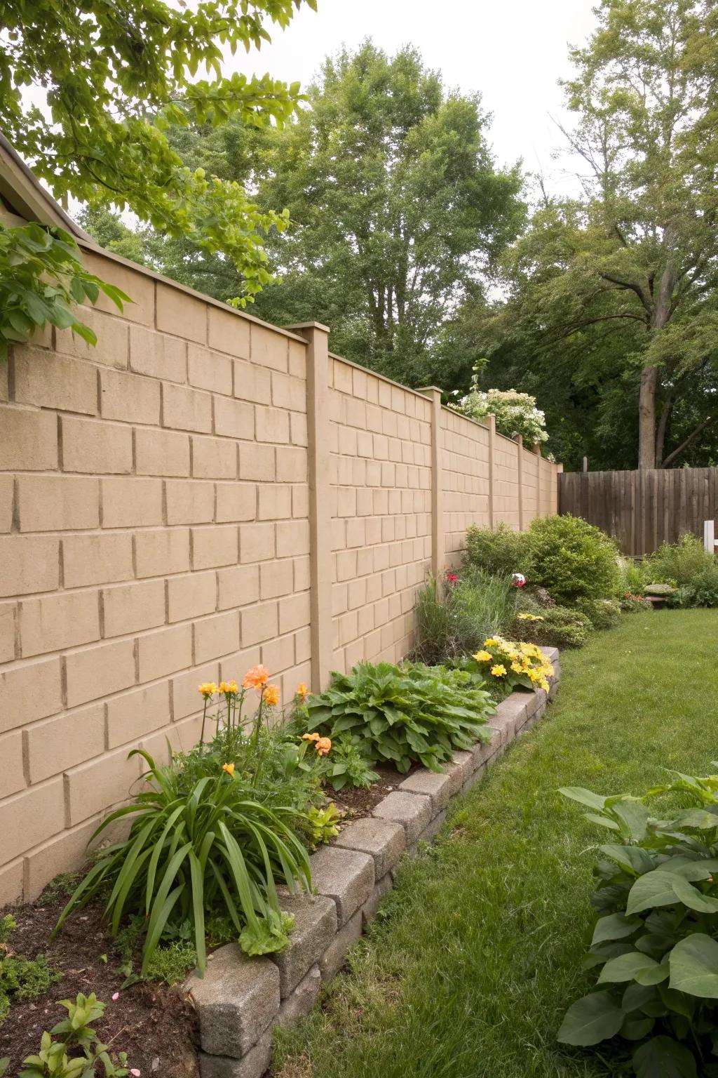 A textured paint masterpiece on a backyard cinder block wall.