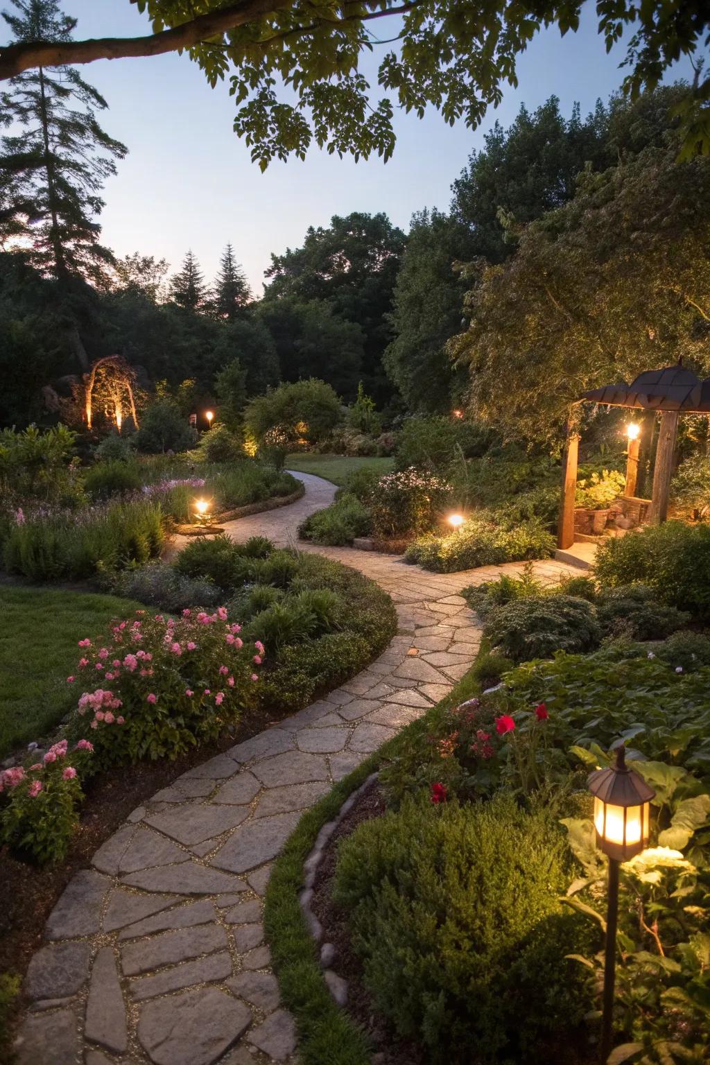 Nighttime lighting enhances garden ambiance.