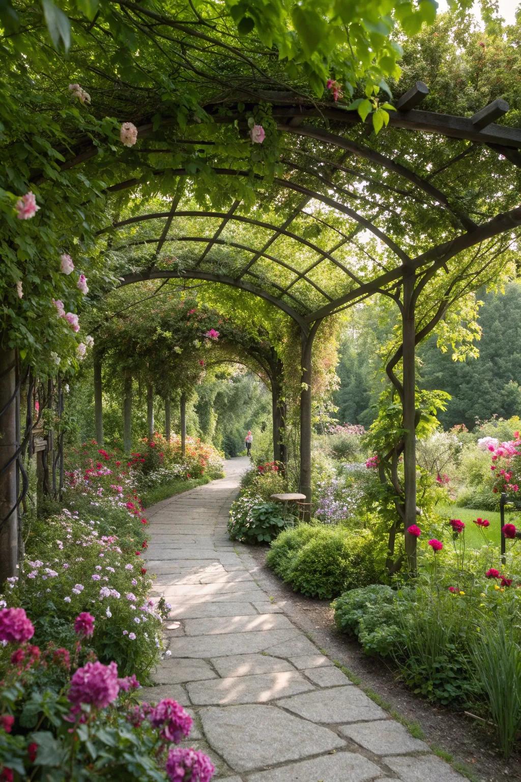 Hardscaping elements create stunning focal points.