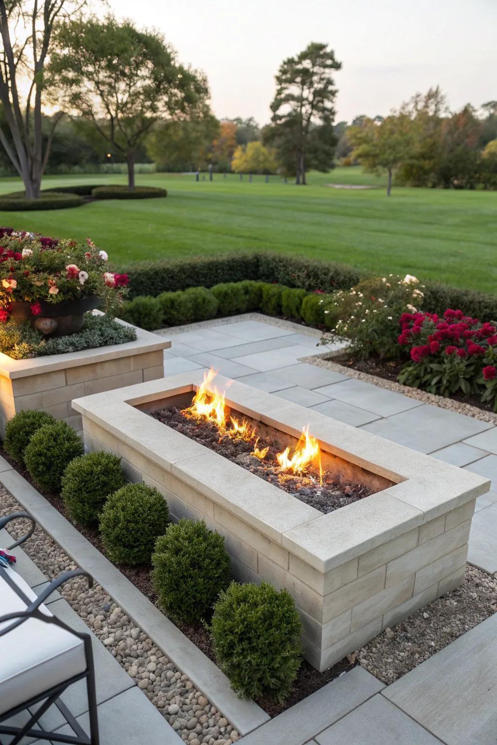Add a touch of elegance with a rectangular fire pit design.