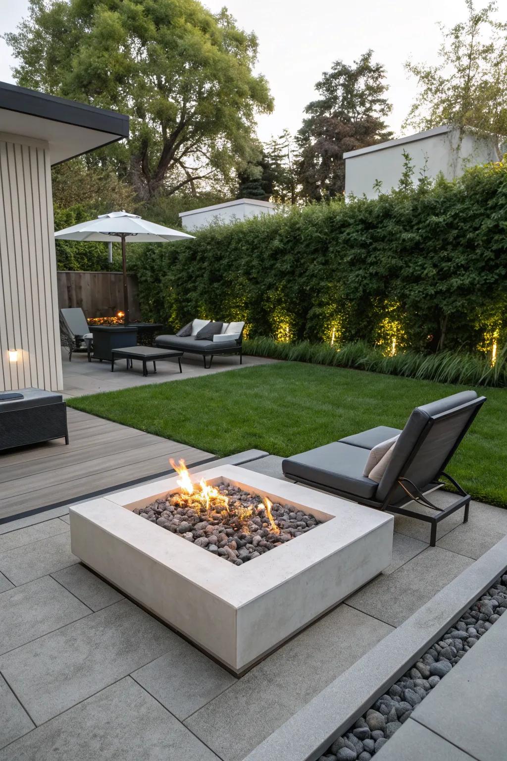 A sleek, modern fire pit brings a touch of elegance to your outdoor space.
