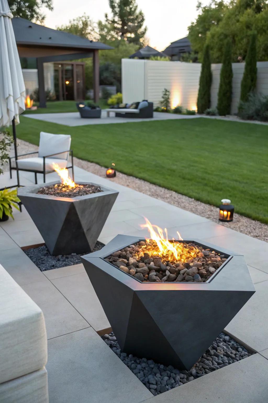 Geometric fire pits add bold visual interest to modern spaces.