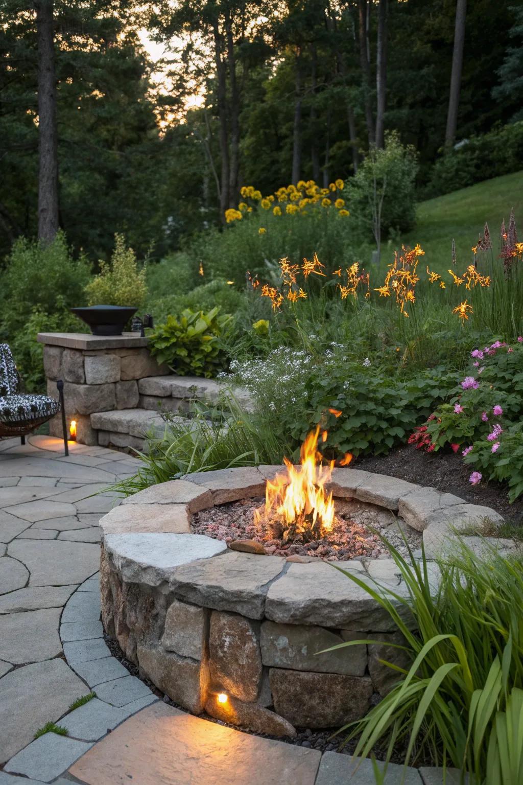 Blend your fire pit seamlessly into nature with a stone surround.