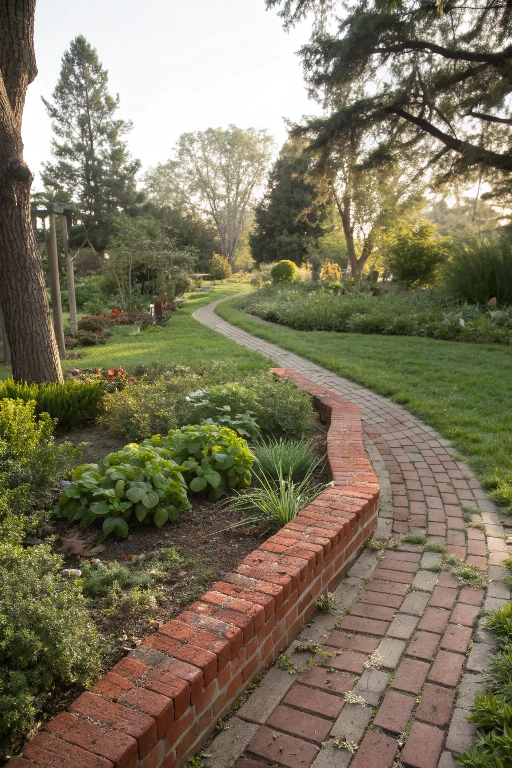Sunken red brick edging provides a clean, subtle border.