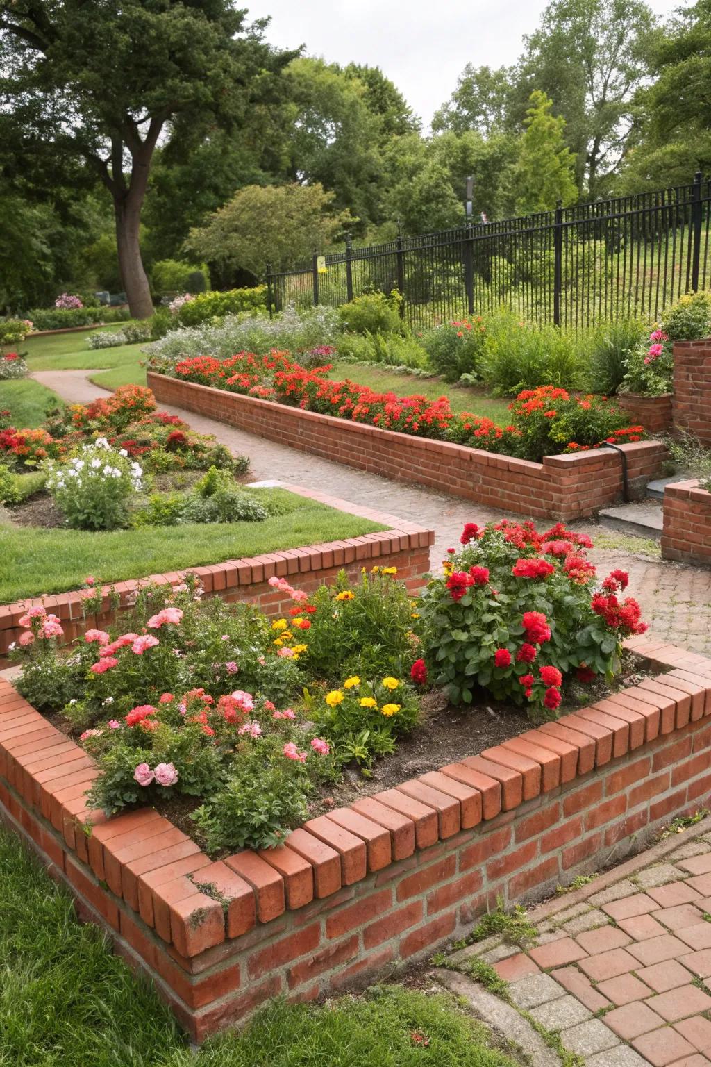 Raised red brick edging provides structure and depth.