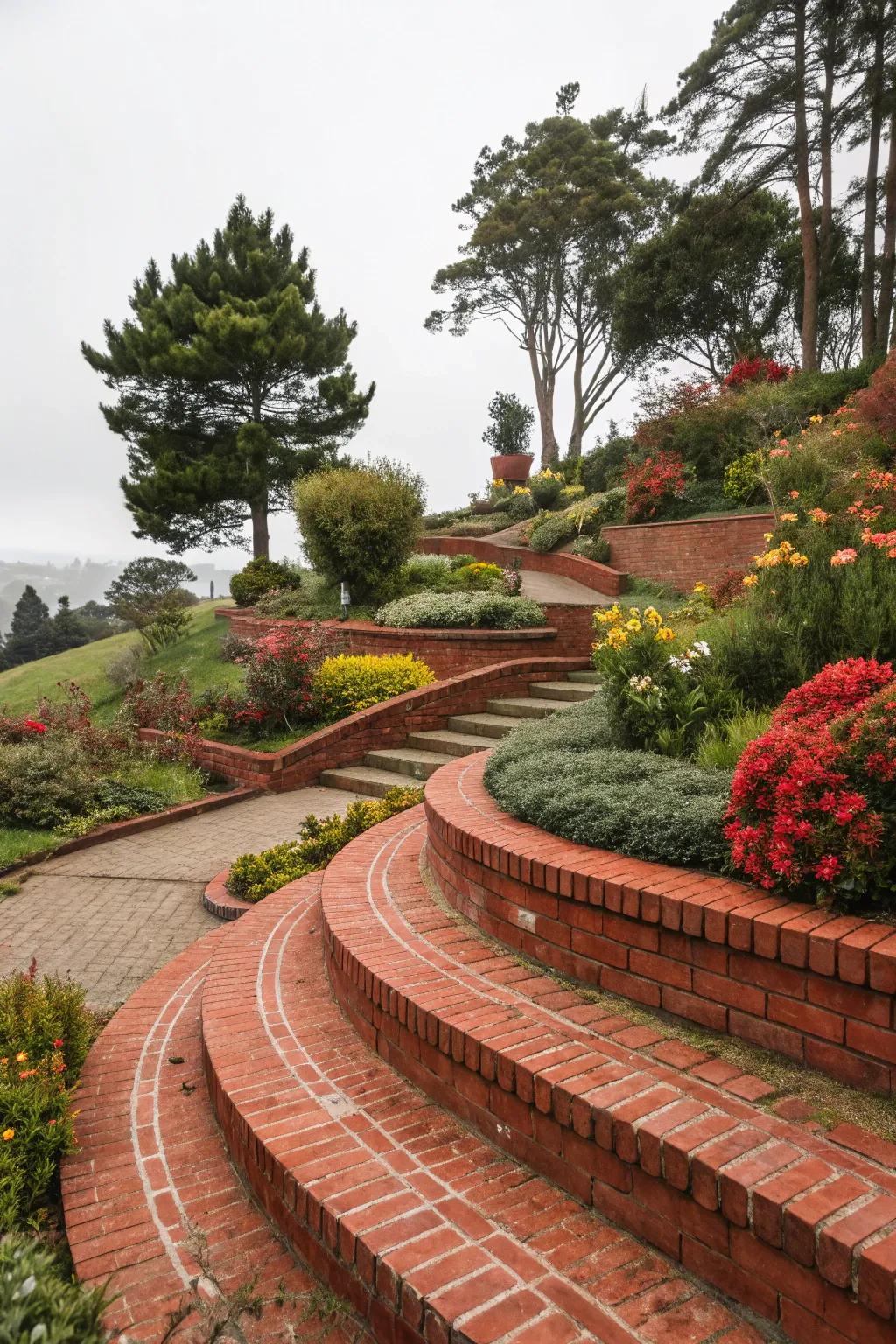 Tiered red brick edging creates dynamic visual interest.