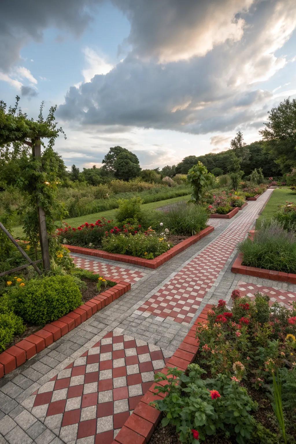 Checkerboard red brick edging is fun and eye-catching.