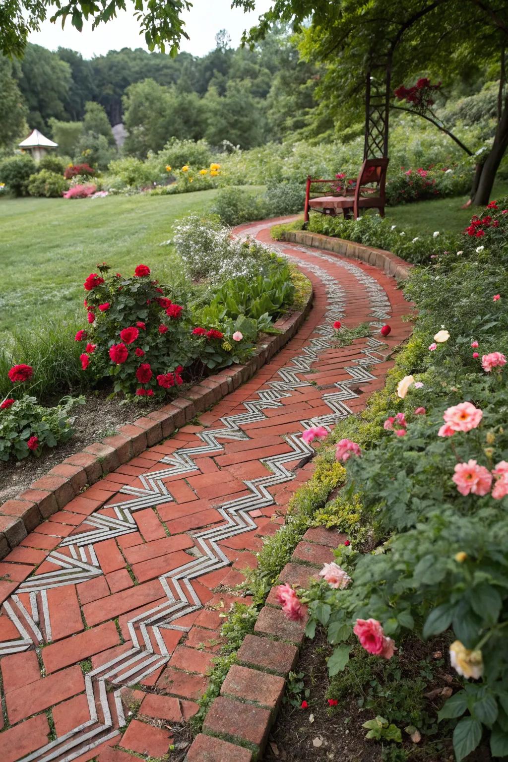 Zigzag red brick edging adds playful flair.