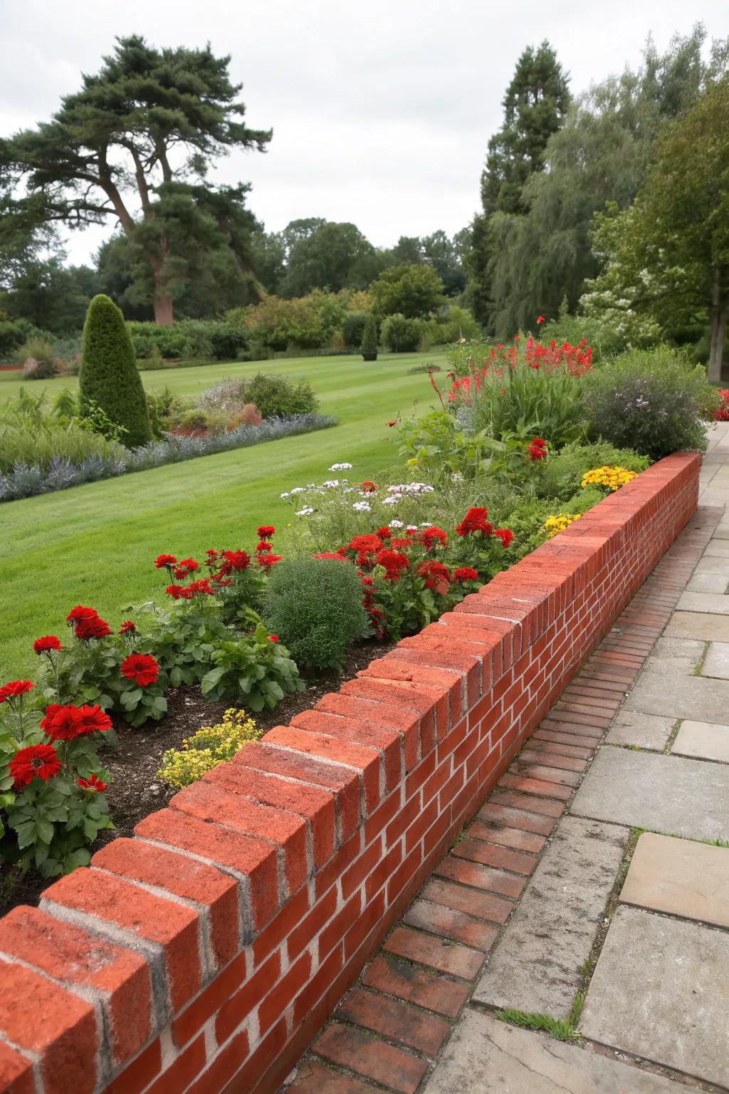 Vertical red brick edging adds bold texture.